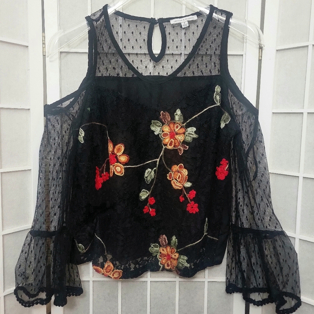 Open Shoulder Embroidered Bell Sleeve Cropped Blouse Copy